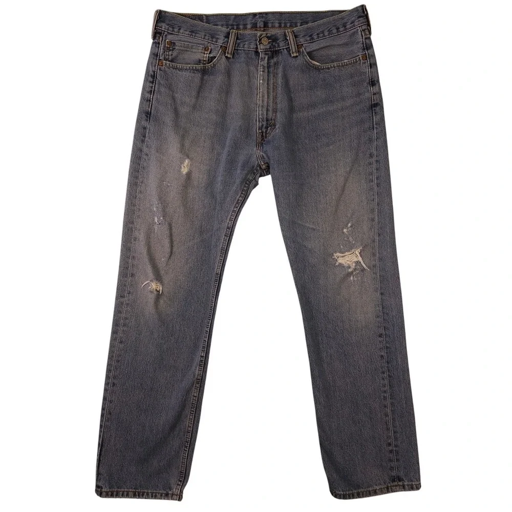 Levis 505 Jeans Mens 36x32 Blue Regular Fit Straight Distressed Workwear Grunge